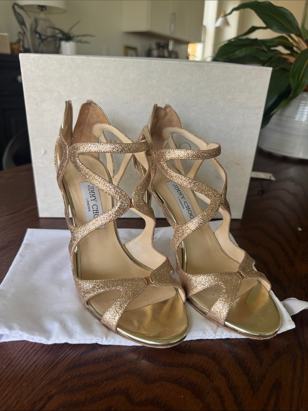Jimmy Choo Leslie Gold Glitter Strappy Stiletto Heels